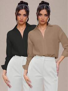 INAWLY Bộ đồ liền thân 2 món màu trơn thường ngày dành cho nữ - Nhiều màu - Xem 3