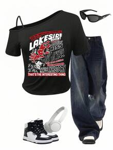 SHEIN Explorewe Camiseta de manga corta con hombros abiertos y estampado negro para adolescentes, verano - Negro - Ver 3