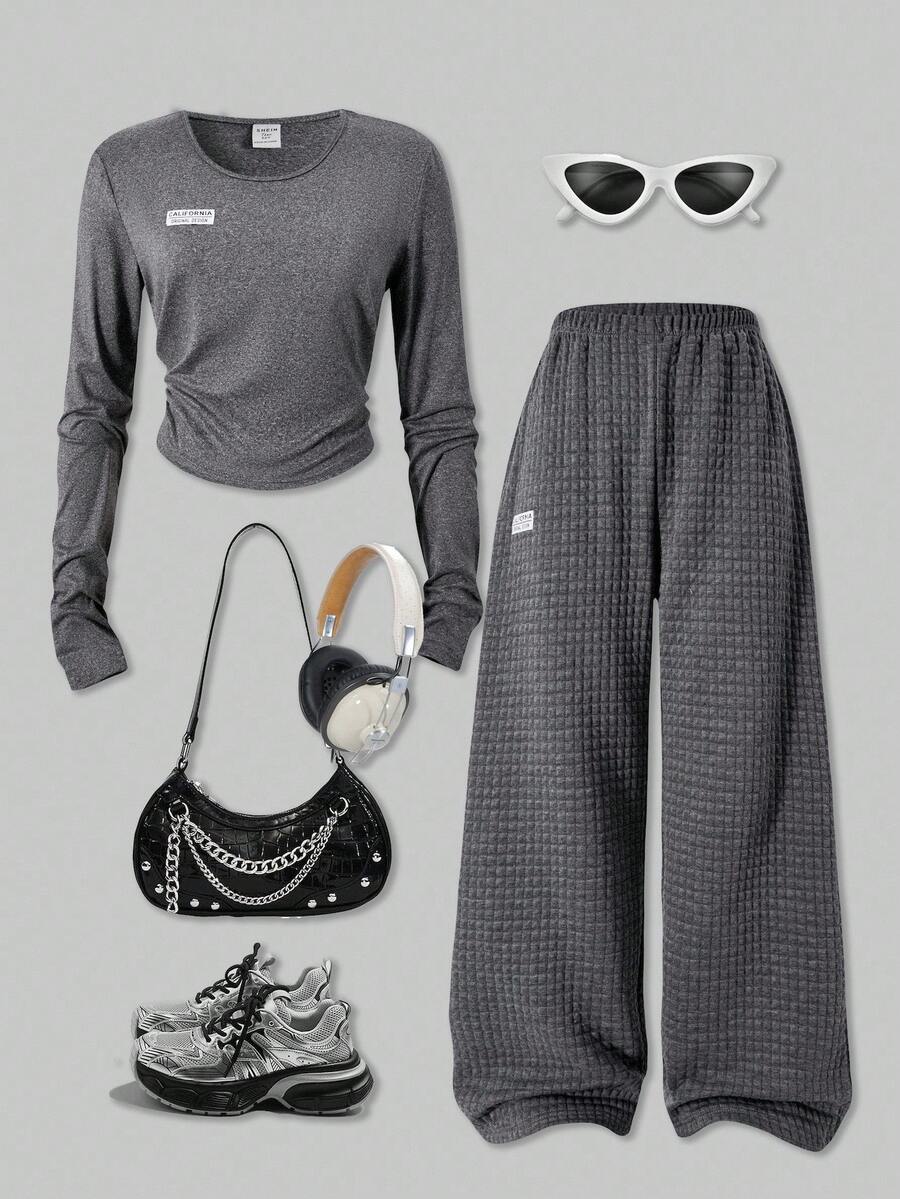 SHEIN ChillGRL 2件套青少年女孩休闲简约圆领长袖T恤和阔腿裤，秋冬 - 深灰色 - 查看 1