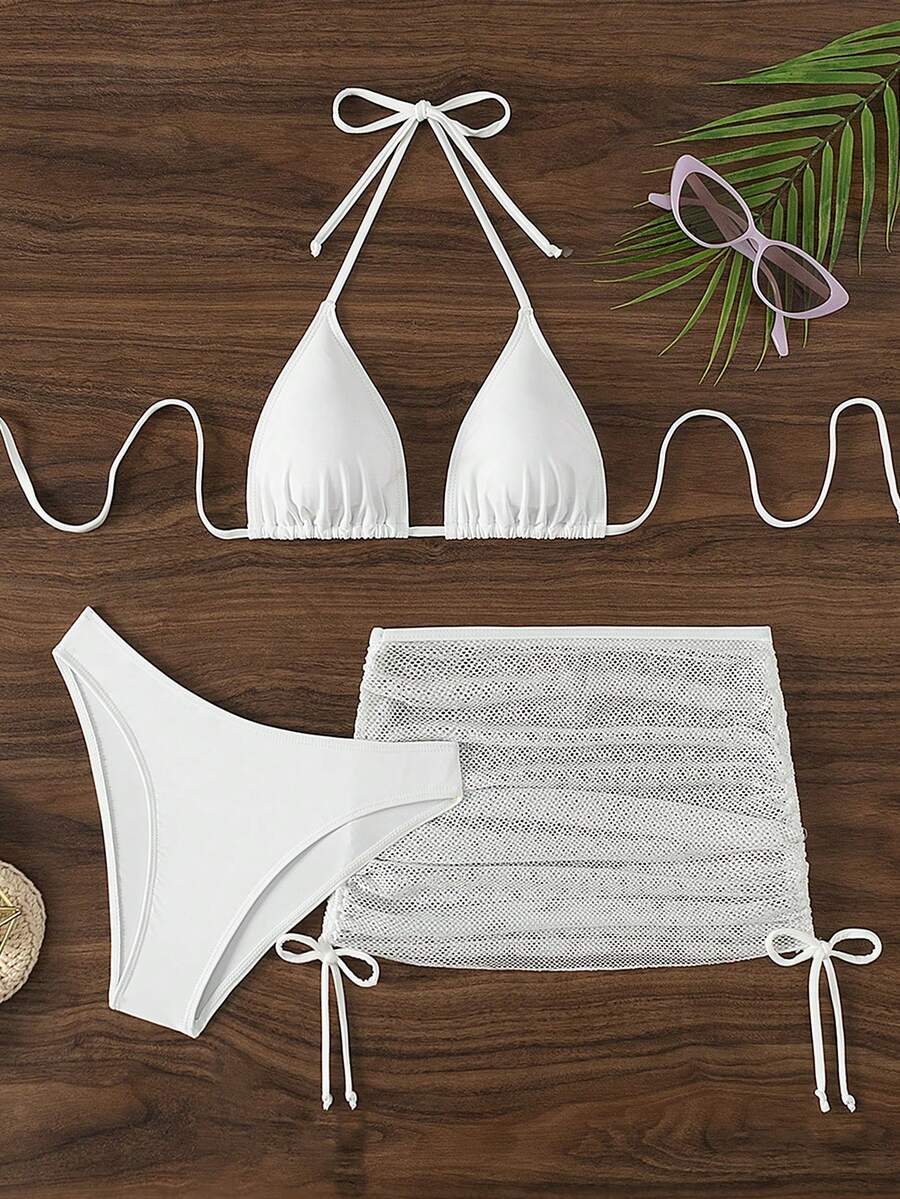 Swim Mod 2pcs Women's Summer Vacation Beach Solid Color Halter Bikini Set - White - View 1