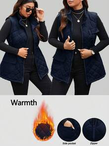 Calvaya 大码女式抽绳腰部工装口袋休闲绗缝背心夹克，冬季服装秋季服装，适合圣诞节 - 藏蓝色 - 查看 2
