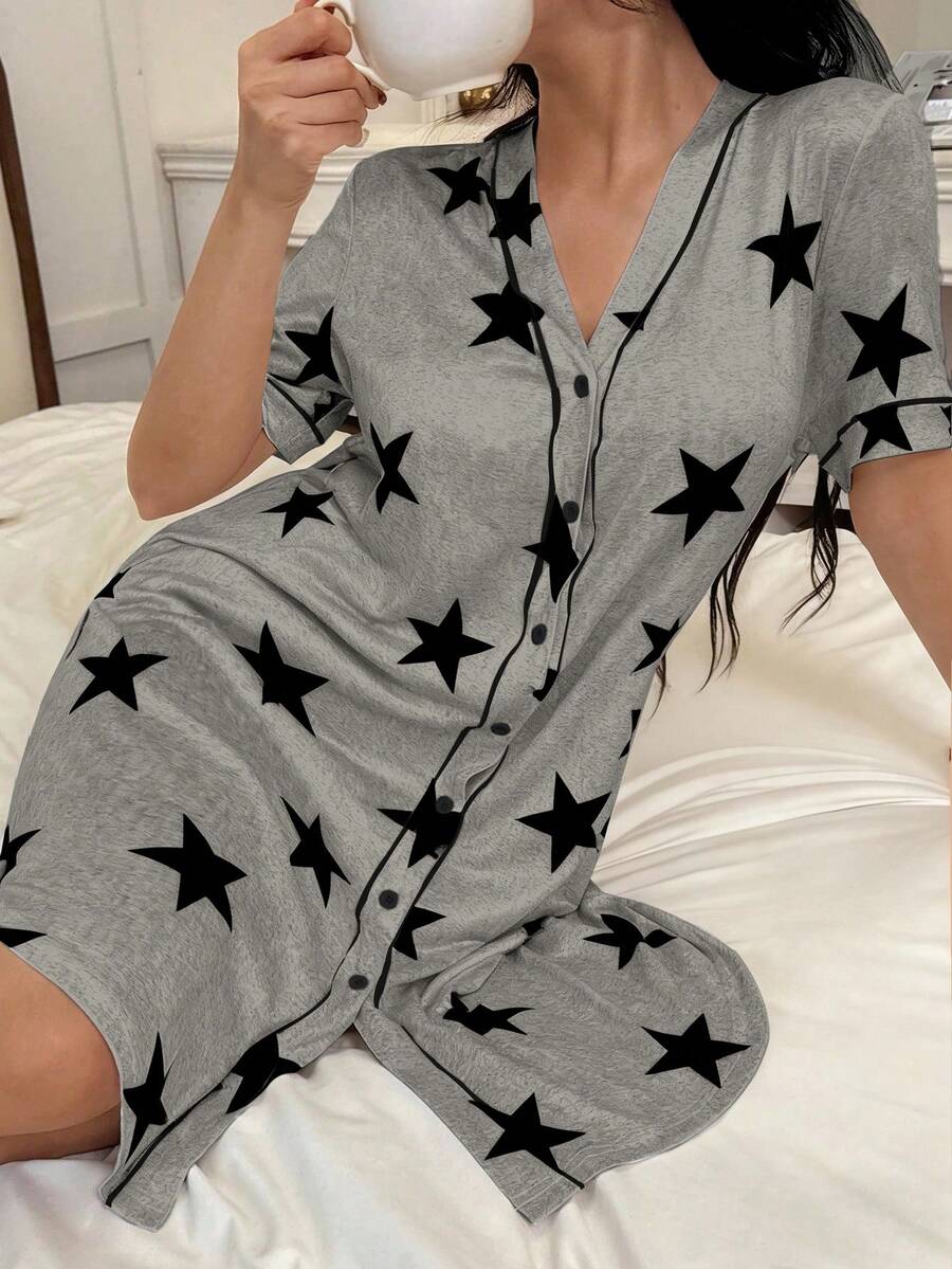 SHEIN American Casual Star Print V-Neck Short Sleeve Women Nightgown Star Print Nightshirt Sleep Wear Women Comfy Pajamas Women Lounge Wear Pajamas For Women - Multicolor - View 1