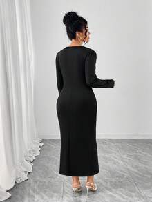 SHEIN PETITE CURVE 大码纯色简约日常珍珠装饰开衩下摆连衣裙 - 黑色 - 查看 2