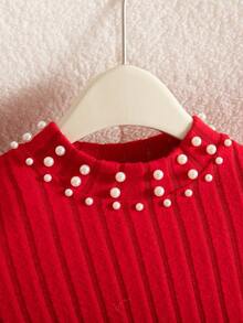 Glamorique Kids 1件装 女童秋冬新款高领泡泡袖串珠设计腰带蝴蝶结串珠星月网纱下摆优雅红色罗纹面料派对生日通勤薄纱公主裙 - 紅色 - 查看 9