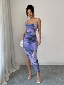 Zolique Women's Luxury Evening Dress, Tie-Dye Print Draped Neckline, Backless Spaghetti Strap Dress, Suitable For Summer - Mauve Purple - View 3