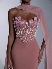 Elitara 优雅奢华魅力珍珠泡泡设计性感V领露背美人鱼连衣裙，适合婚礼、活动、单身派对、度假、晚宴、正式场合。 - 藕粉色 - 查看 5