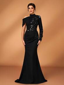 Serin Elegant Luxurious Faux Pearl Beaded Lace Applique Patchwork Elastic Knit Ruched Sleeve Mermaid Hem Dress, Suitable For Wedding, Party, Holiday, Bridal, Mother Of The Bride Evening Gown, Valentine's Day - Black - View 5