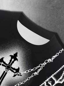 ROMWE MEN Street Life Men's Rose Flame Diamond Cross Digital Print Loose T-Shirt