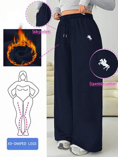 Solflare Pantalones de chándal holgados y de pierna ancha con forro térmico, cintura con cordón y bordado de caballero, para uso casual y diario, tallas grandes