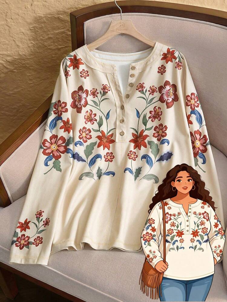 Plus Size Floral Print Long Sleeve T-Shirt, Casual Autumn Winter For Women Country Style For Women Country Concert
