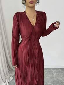 Modelyn Elegant Floor-Length V-Neck Pleated Dress, Wine Red, For Women, Winter - Burgundy - View 8