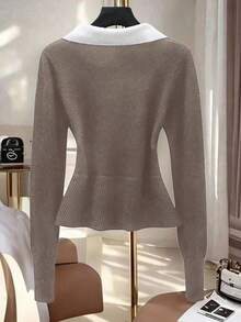 Franclia Nuevo suéter de mujer con cuello de polo 2 en 1 de moda, para otoño - Volcanic Gray - Ver 2