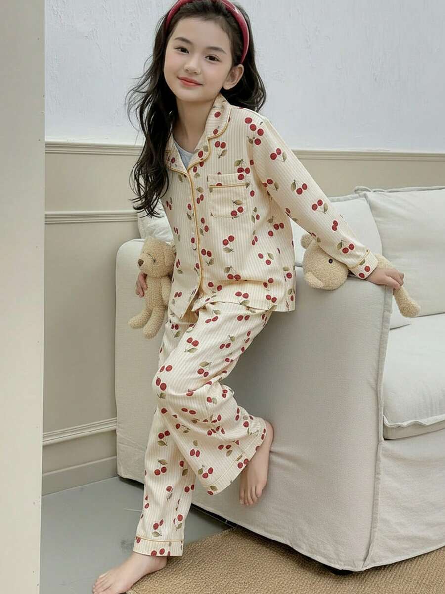 4-Piece Girls Cherry Print Striped Cardigan & Pants Casual Loungewear Set, Apricot & Light Yellow, Suitable For All Seasons