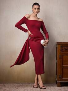 NOVVYNE 女士露肩金属扣中长连衣裙（1件） - 酒紅色 - 查看 6