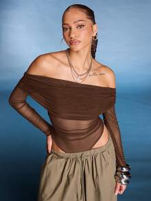 Body de malla transparente con hombros descubiertos para mujer - Marrón - Ver 6