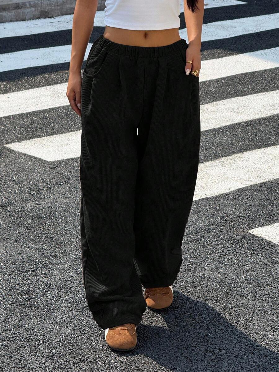 Quần dài vải nhung dày dặn, dáng rộng thoải mái cho bé gái tuổi teen, đa năng khi mặc hàng ngày - màu đen - Xem 1