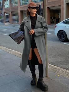 DAZY 女士纯色翻领插肩袖休闲羊毛混纺外套，秋冬女式外套 - 淺灰色 - 查看 6