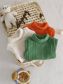 SHEIN 3件套男婴休闲百搭高领罗纹长袖连体衣，秋冬季 - 彩色 - 查看 1