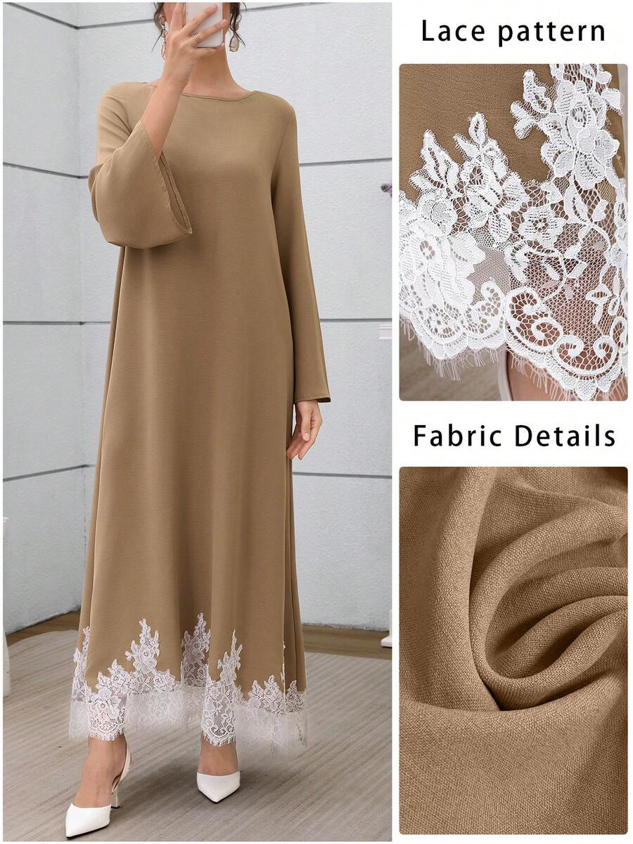 Al Najma 优雅圆领喇叭袖撞色蕾丝长款阿巴雅连衣裙 - 卡其色 - 查看 1