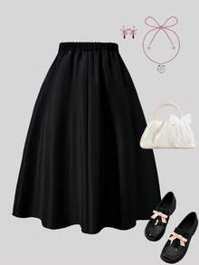 SHEIN ChillGRL 少女黑色裙子搭配粉色蝴蝶结 - 黑色 - 查看 2