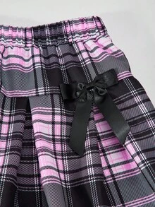 SHEIN ChillGRL 女童蝴蝶结格子裙 - 粉色 - 查看 3