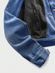 ROMWE MEN Street Life Herren Herbst Kontrast Farbe Langarm Einreiher Lässig Denim Jacke mit Tasche - Blau - Übersicht 8