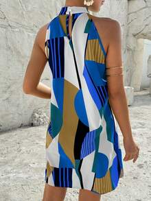 EMERY ROSE 女式几何印花露背连衣裙 度假海滩装 - 寶藍色 - 查看 2