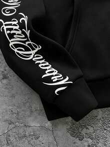 SHEIN 青少年男童灰色简约宽松手写字母花卉图案卫衣，休闲舒适，百搭，面料柔软，适合上学、通勤、户外活动以及秋冬季穿着。 - 黑色 - 查看 5