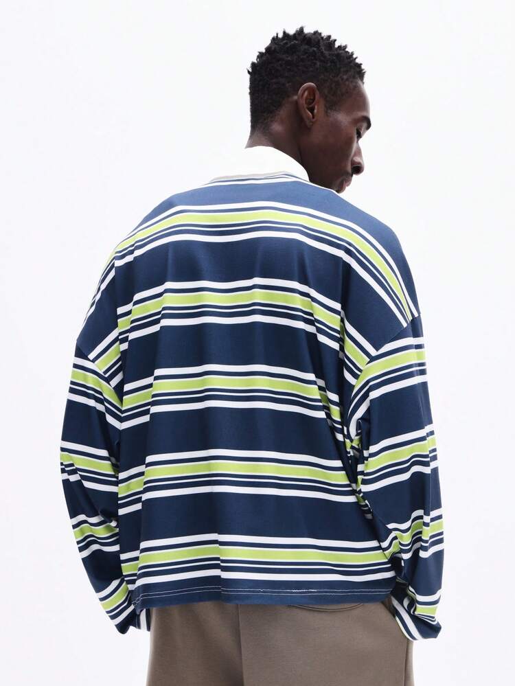 Long Sleeve Striped Rugby Polo With White Collar
