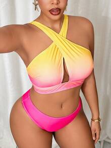 Slaydiva Ombre Print Sexy Ruched Ruffle Trim Swimwear Top + Bikini Bottom + Maxi Skirt Plus Size Swimwear Set - Multicolor - View 3
