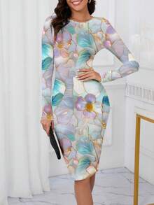SHEIN Clasi 花卉印花玻璃质感图案女式连衣裙，适合秋冬季日常穿着 - 彩色 - 查看 5