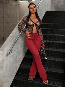 SHEIN Tall 女士休闲口袋中腰修身喇叭牛仔裤 - 酒紅色 - 查看 3