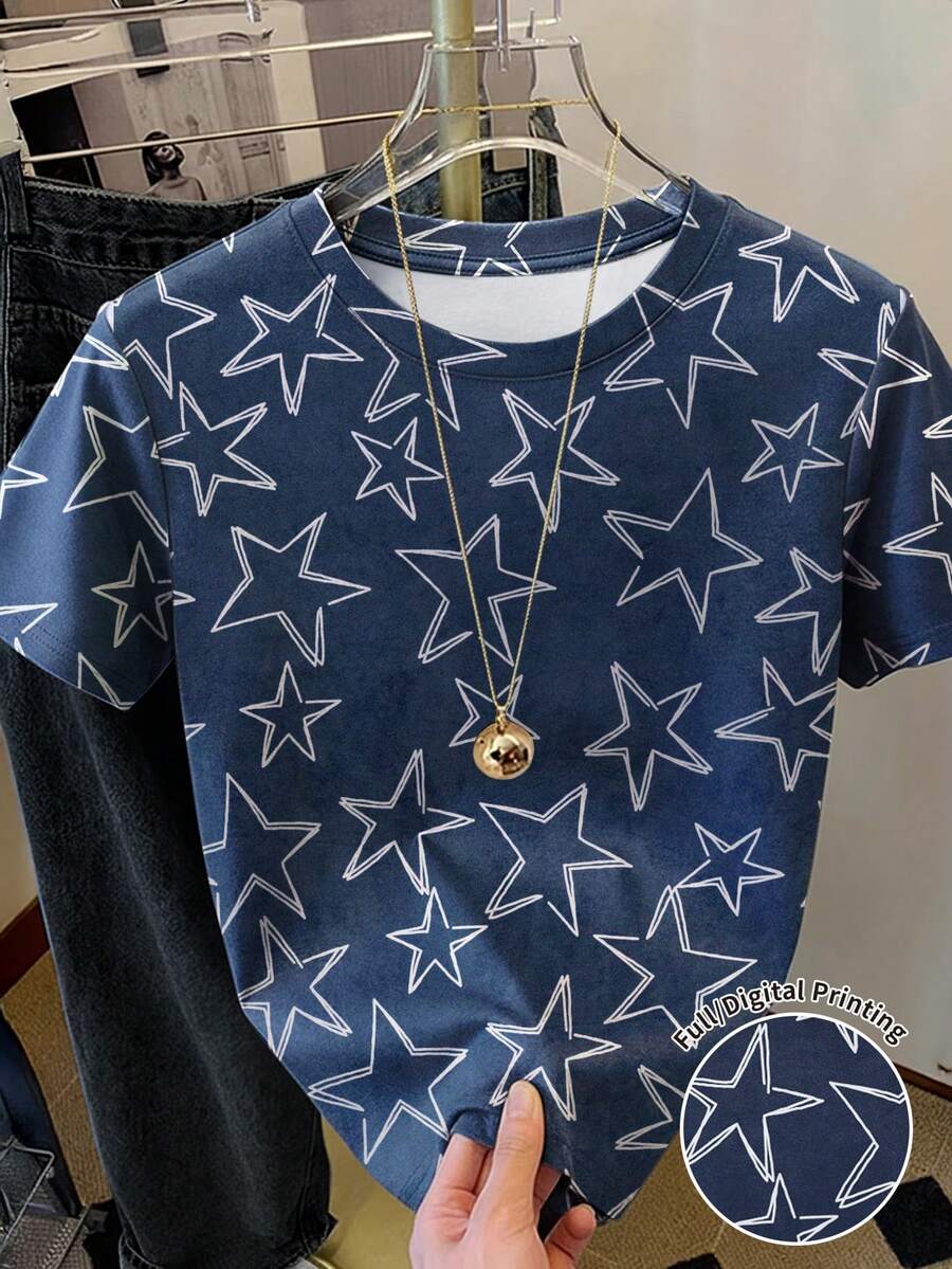 Resyla Women's Allover Star Print T-Shirt, Cute Street Style, Suitable For Back To School, Commuting, Fashionable In Autumn And Summer - Multicolor - View 1