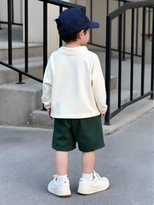 男童罗纹领休闲长袖衬衫，带小刺绣补丁，春秋 - 杏色 - 查看 2