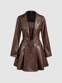 SHEIN MOD Women's Fashion Street Chic PU Leather Lapel Collar Cropped Jacket And Fold Pleated Hem Single-Breasted Camisole Dress Set, Autumn - Brown - View 9