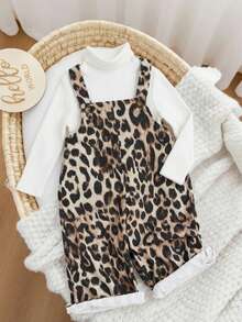 SHEIN Babygirl Chic Leopard Print Jumpsuit, Versatile All-Match Style Suitable For Indoor, Outdoor Skiing, Daily Wear, Sports, Play, Party, Photography, Christmas Season - Apricot - View 3