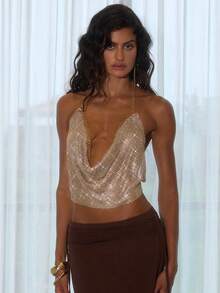 Opulessa Áo hai dây hở lưng kim loại gợi cảm thời trang dành cho nữ - Vàng - Xem 5