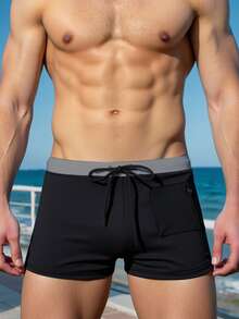 Manfinity Swimmode Men's Dual-Color Lace-Up Casual Swimming Shorts Men Swimwear Black Swim Shorts Men Black Swim Trunk - Black - View 1