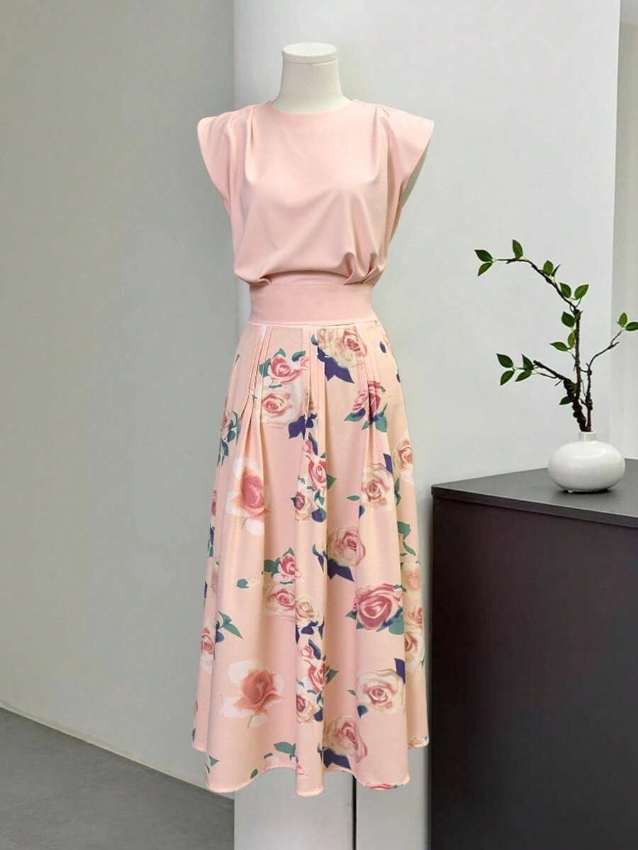 SHEIN LUNE 2 件套优雅纯色背心和花卉印花裙套装,夏季 - 粉色 - 查看 1