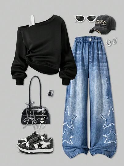 SHEIN Explorewe Tween Girls 休闲斜肩长袖卫衣搭配宽松直筒星星印花牛仔长裤套装，适合日常外出通勤