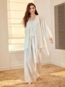 MOTF PREMIUM 3PCS SOLID LACE INSERT CAMI TOP & WIDE LEG PANTS & BELTED ROBE PAJAMA SET - White - View 4