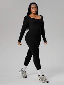 Rhythm Era Women's Diamond Square Neck Long Sleeve Fitted Long Jumpsuit, Casual Sportswear For Daily Wear, Running, Yoga, Plus Size Legging Jumpsuit Unitard Jumpsuit Tummy Control Jumpsuit Tummy Control Romper - Black - View 5