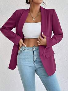Chiquease 女士纯色披肩领长袖休闲办公西装外套 - 中紫紅色 - 查看 6