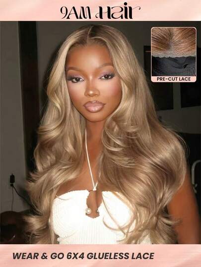 9am Hair Store Ombre Ash Blonde Hair With Brown Root Body Wave Upgrade Wig 6x4 Pre-Cut Lace Front Wear And Go Glueless Wig Pre-Plucked Hairline 180% Density 22-28 Inch Unprocessed Virgin Hair Natural Looking Versatile Style Human Hair Wig Y2K Human Hair Wig Gifts Hair Accessories