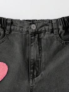 SHEIN ChillGRL Tween Girl Baggy Casual Washed Light Blue Denim Wide Leg Pants With Vintage Floral Embroidery, Comfortable & Versatile, School, Campus, College - Black - View 5