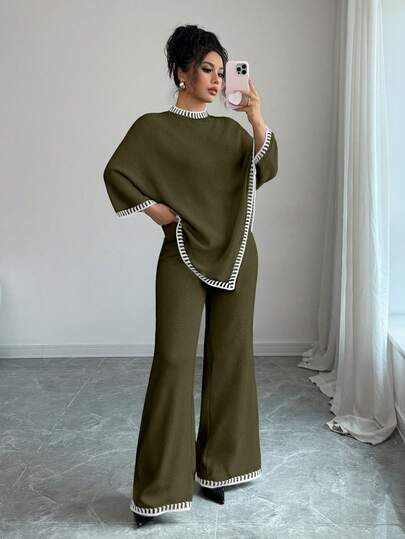 Elenzga 女士休闲宽松斗篷式上衣和宽松撞色针织裤两件套