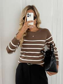 Easowa 秋冬返校学院风黑白条纹长袖女式毛衣 - 摩卡棕 - 查看 5