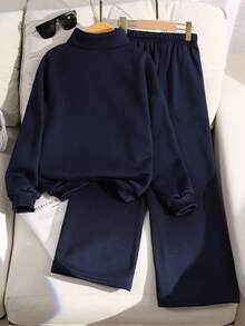 SHEIN 两件套少女休闲套装，包括一件拉链高领长袖卫衣和宽松阔腿裤，适合日常穿着和运动。 - 藏蓝色 - 查看 2