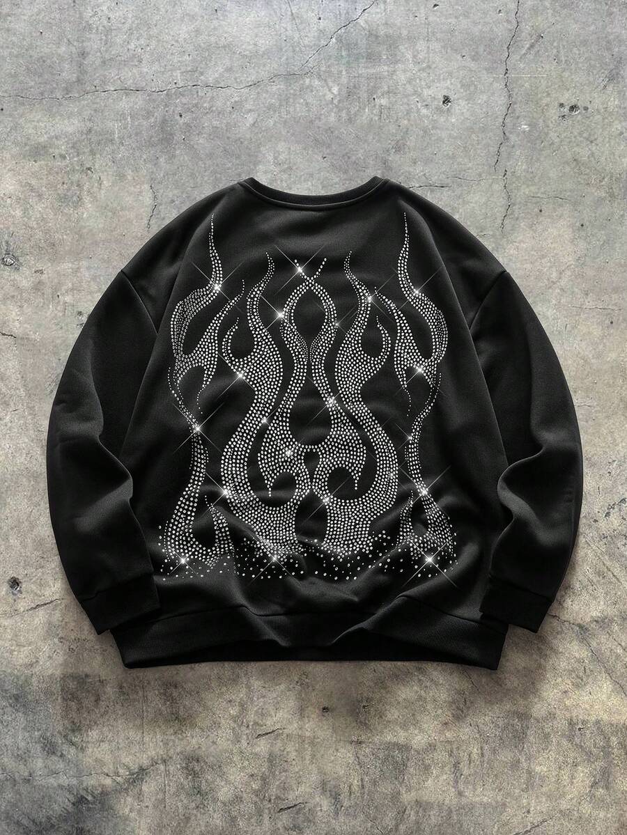 AXEPEAK Plus Size Men's Rhinestone Flame Graphic Crew Neck Long Sleeve Casual Pullover Pullover Sweatshirt - Black - View 1