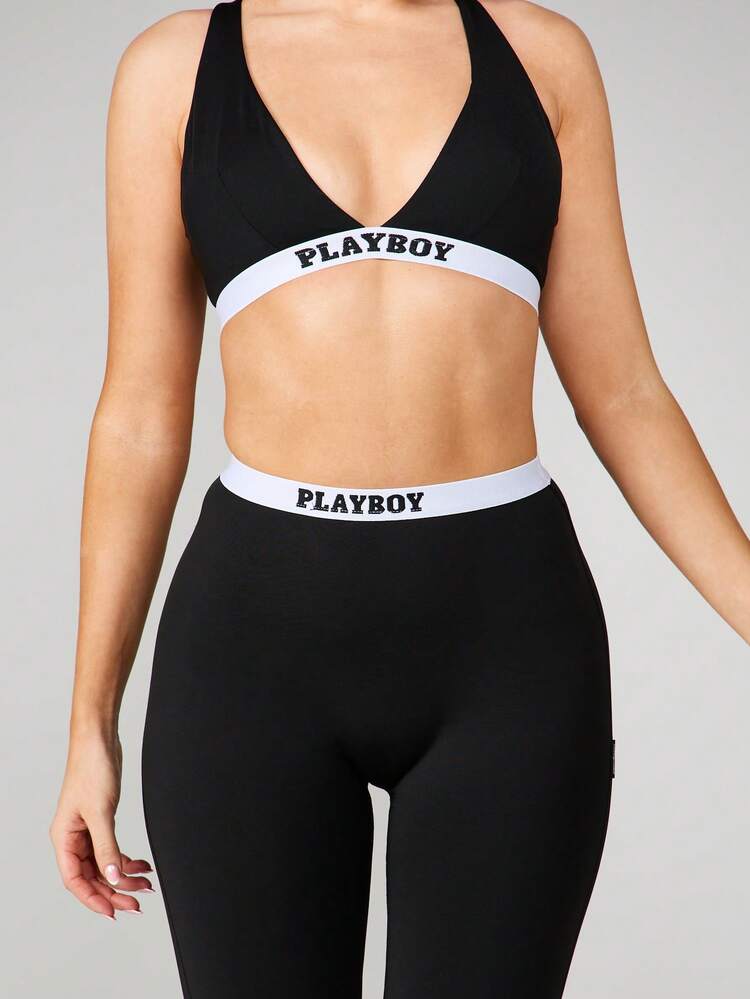 Missguided x Playboy High Rise Branded Waistband Leggings With Logo Detail Full Length Stretch Activewear Bottoms